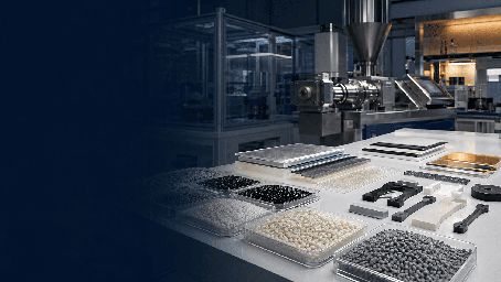 Pilot-scale polymer processing line with pellets, plaques and molded material forms