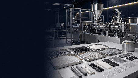 Pilot-scale polymer processing line with material samples and technical forms