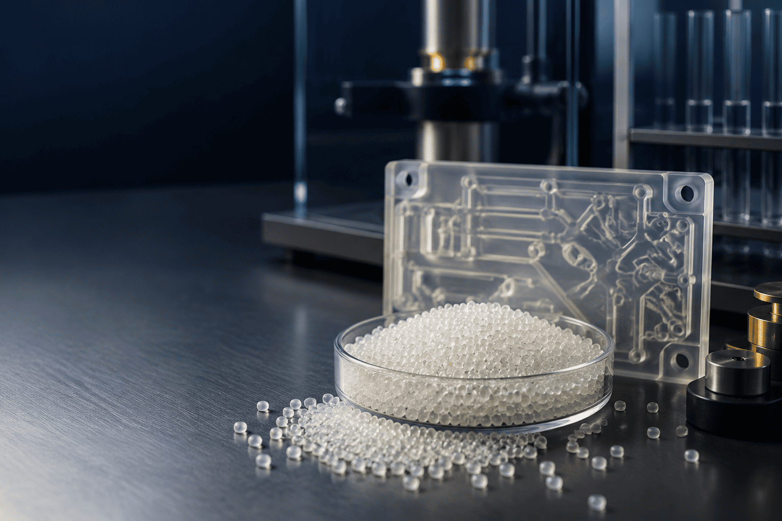 Translucent polymer pellets and molded technical plaque in a materials laboratory