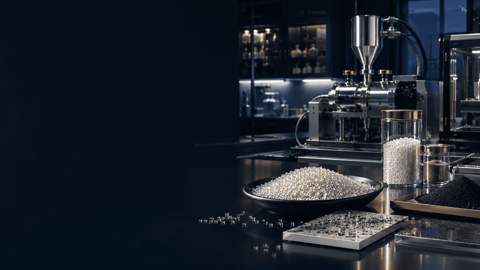 Advanced polymer materials laboratory with niobium-enhanced polymer samples and processing equipment
