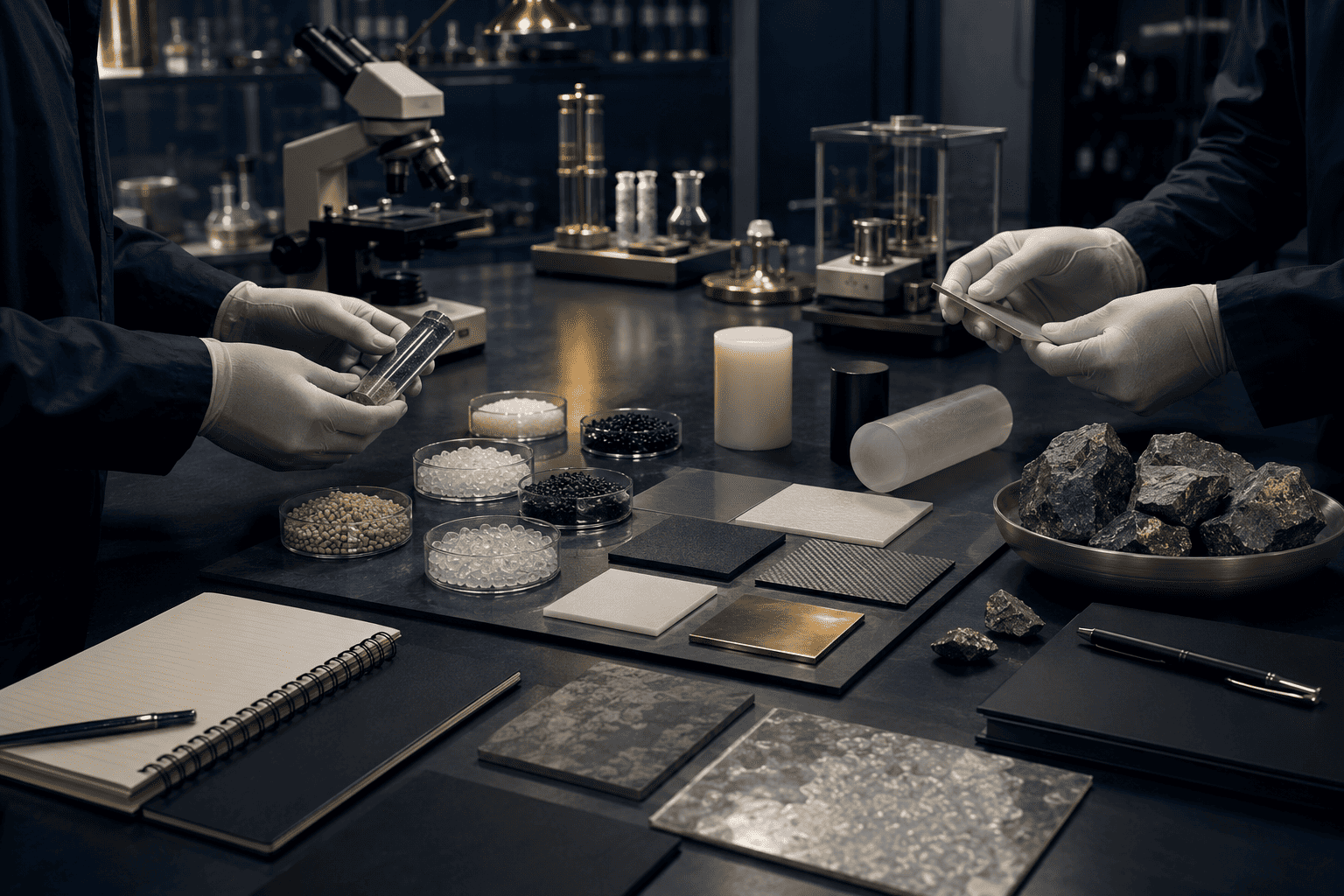 Technical partners reviewing polymer samples, niobium materials and validation evidence in a laboratory