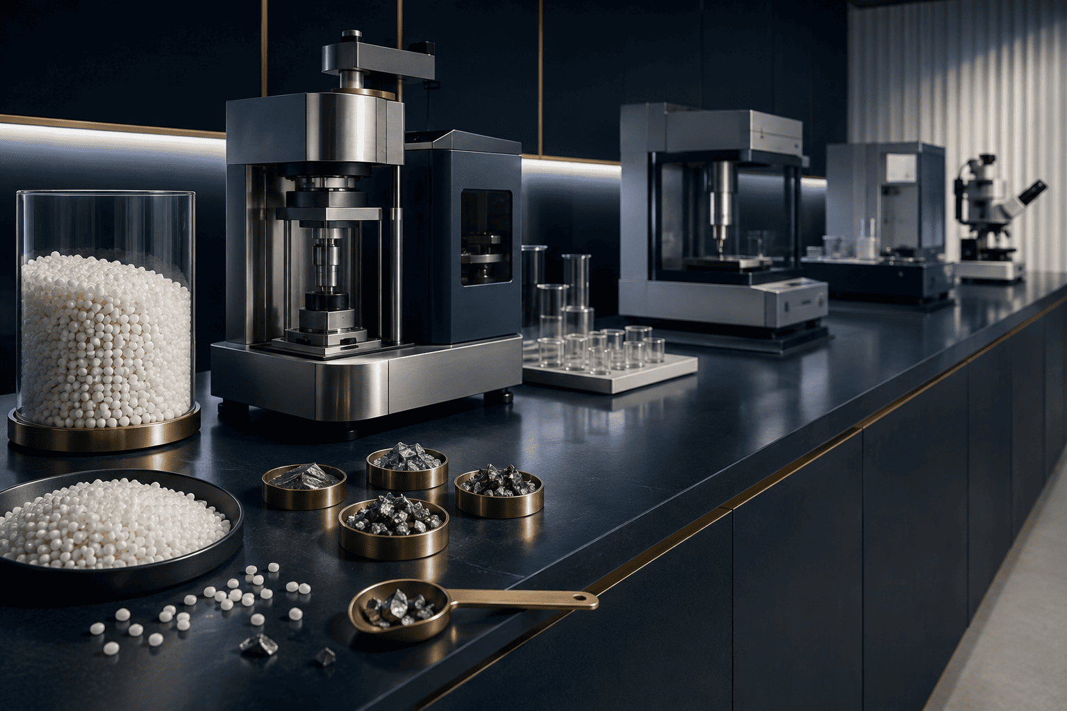Premium materials laboratory showing the PoliNb development pathway from samples to technical validation