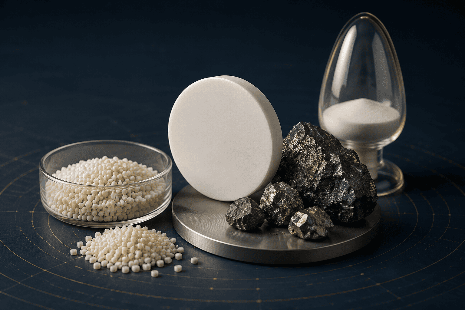 Polymer pellets, niobium mineral samples and a white polymer plaque arranged in a materials laboratory