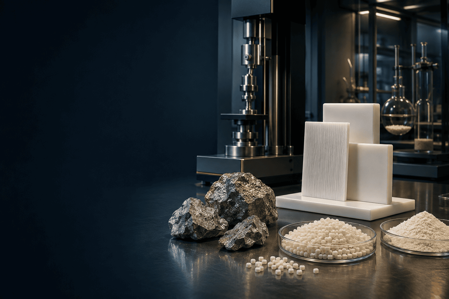 Niobium minerals, polymer samples and materials testing equipment in a laboratory